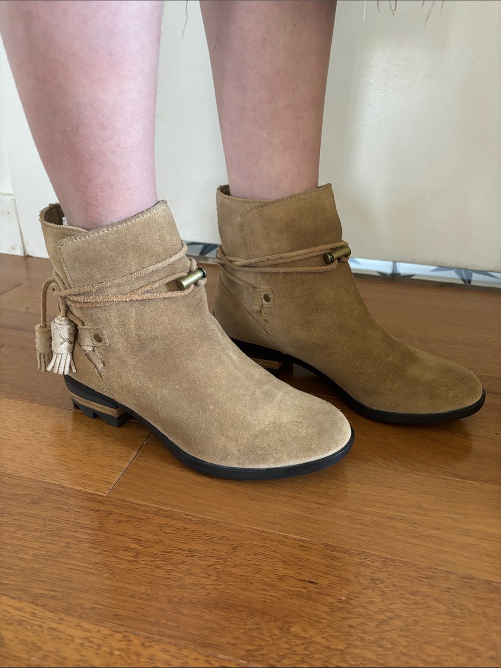 Sorel Tan Suede Tassel Ankle Booties